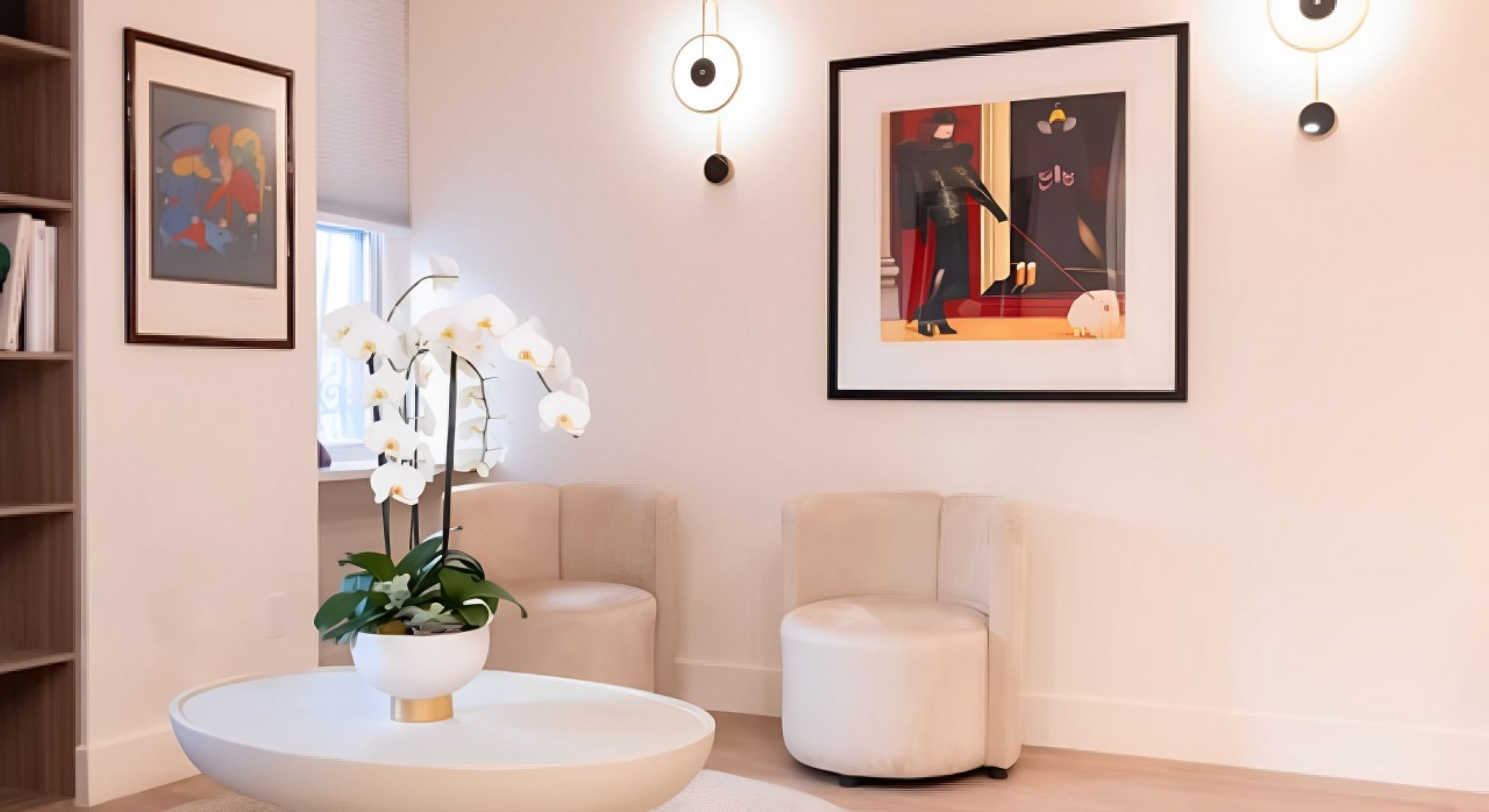 Modern living room with art and orchids.